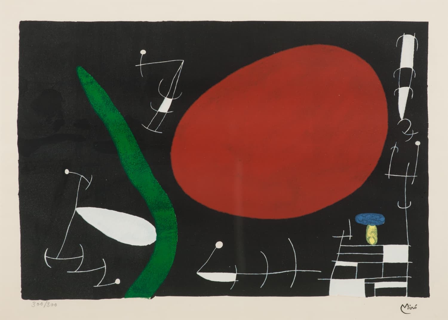 Abstract painting with a large red circle and a green branch nearby. Other geometric shapes, vaguely animal-like, surround the shapes on a field of black.